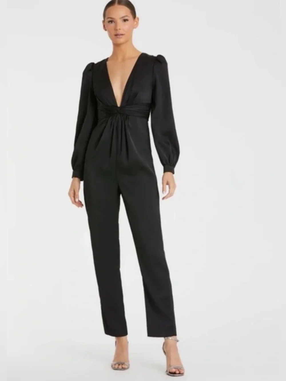 Mac Duggal Black Satin Plunging V-Neck Long Sleeve Jumpsuit